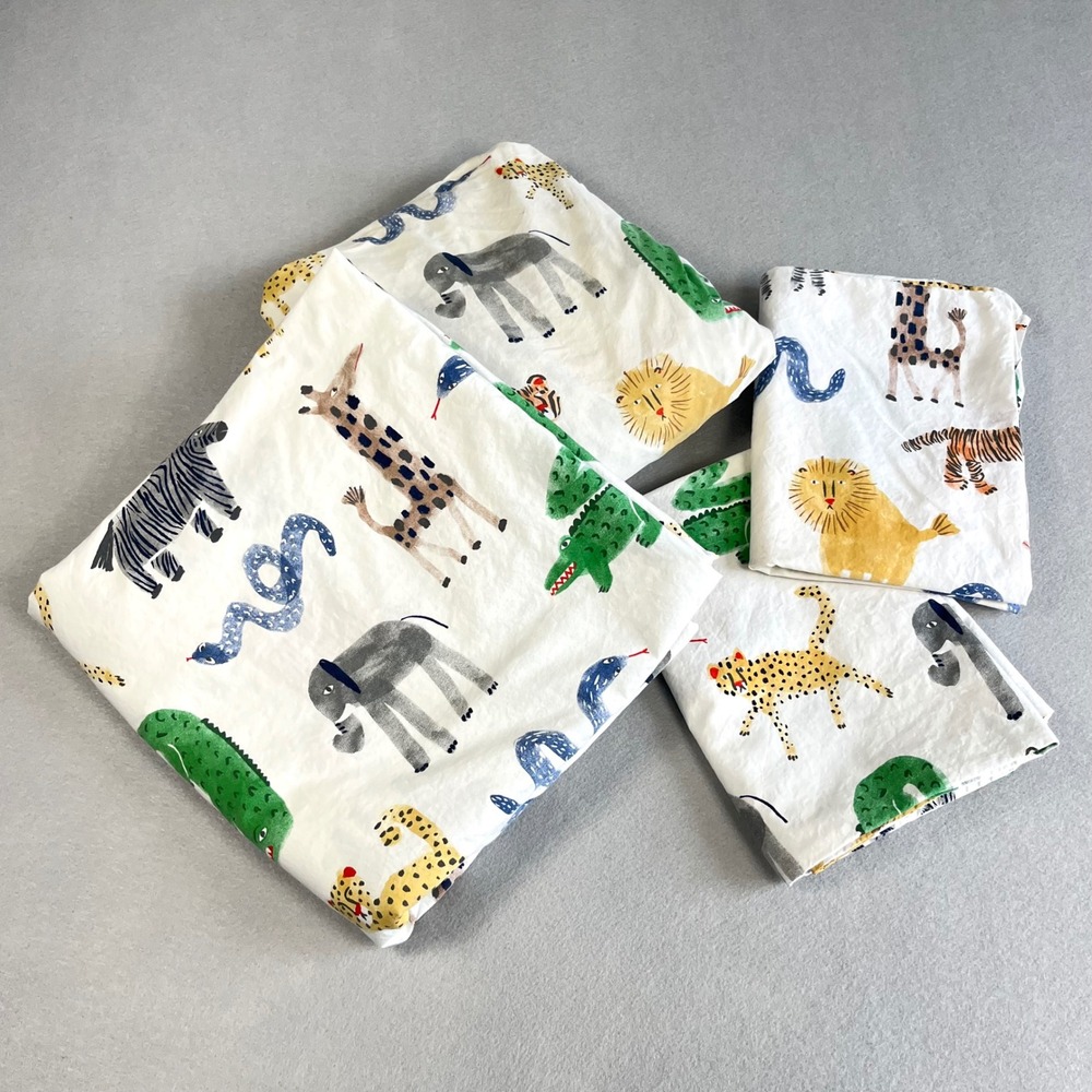 Pottery Barn Kids Silly Safari Organic Cotton 4 Pc Full Sheet Set Animal Print
